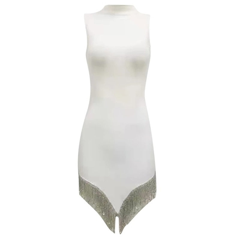 Damen Strass Quaste unregelmäßige Rundhalsausschnitt, mehrfarbiges dünnes ärmelloses Sexy Sommerkleid