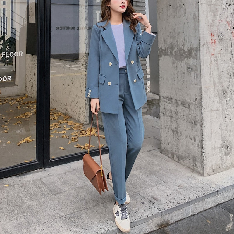 Damenmode Langarm zweireiher Blazer Anzug, Blazer Hosenanzug für Bürodamen