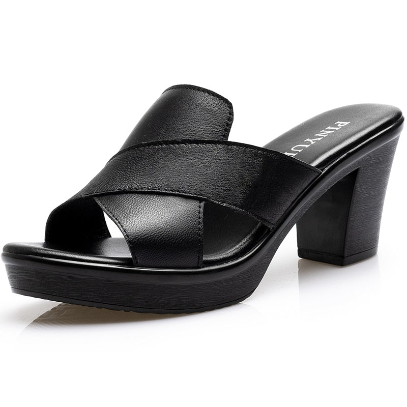 Damen High Heels Hausschuhe Sandalen, Freizeitschuhe Obermaterial aus echtem Leder, Rindsleder