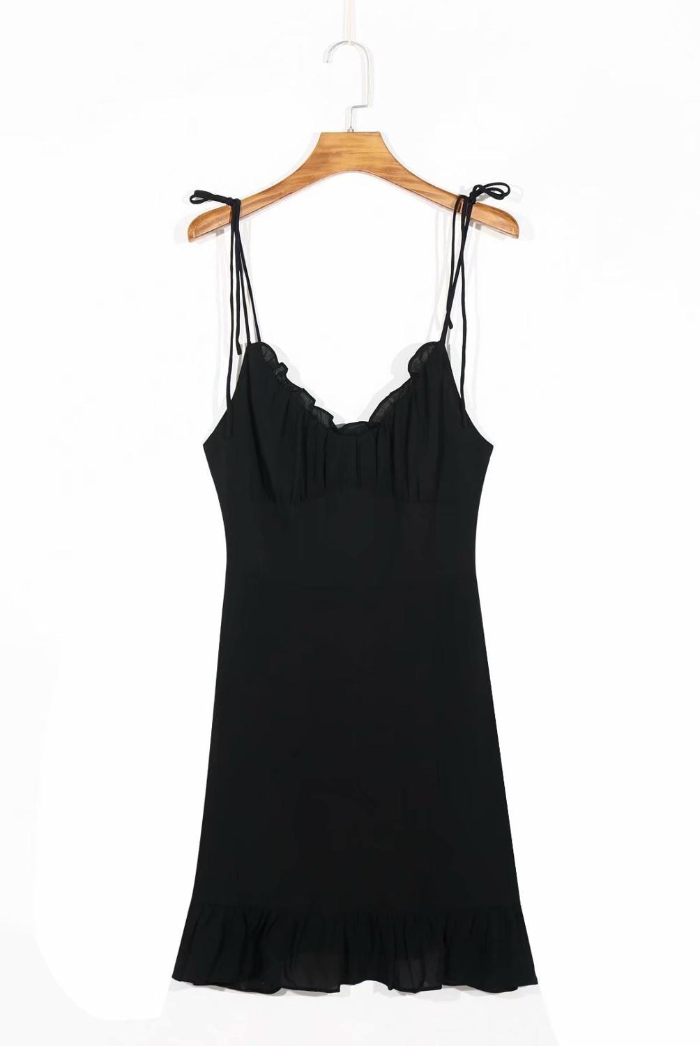 Verstellbares Retro Rüschen Minikleid für Frauen, Spaghettiträger rot schwarz elastisches Urlaubsmode