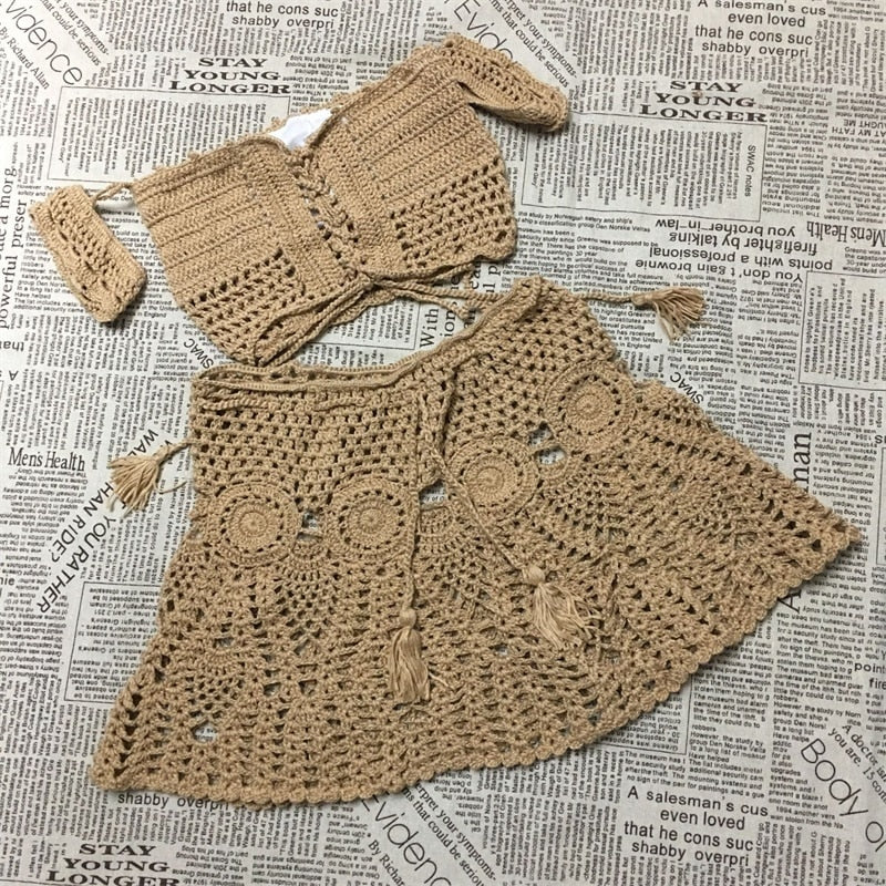 Handgestricktes Sommer Strandkleid-Set, zweiteiliges Set mit aushöhlen Crop Top Minirock