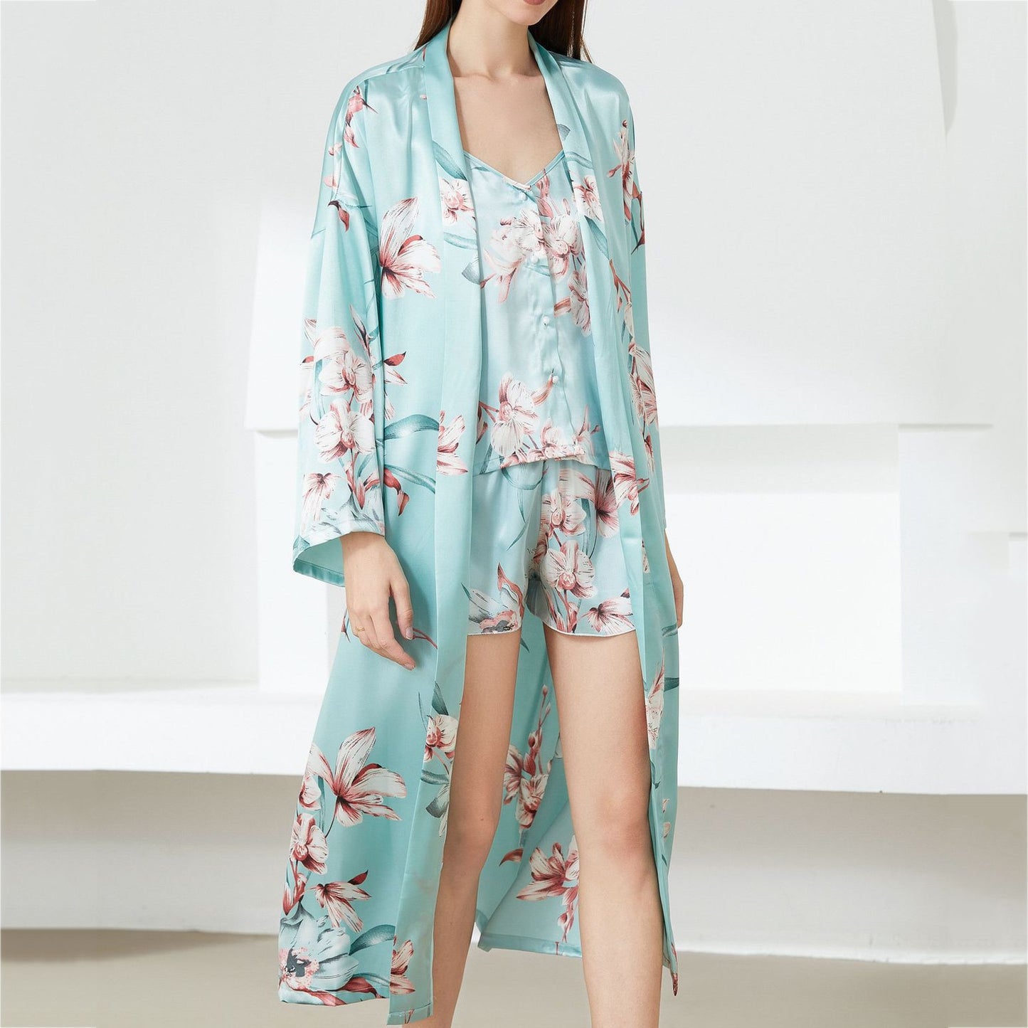 Sexy Damen Satin Kimono Kleid, Robe Anzug Nachtwäsche