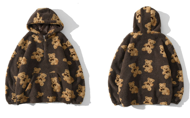 Fleece Fuzzy Kapuzen-Sweatshirt Streetwear, Hip Hop Bear Print Halber Reißverschluss Flauschige Pullover