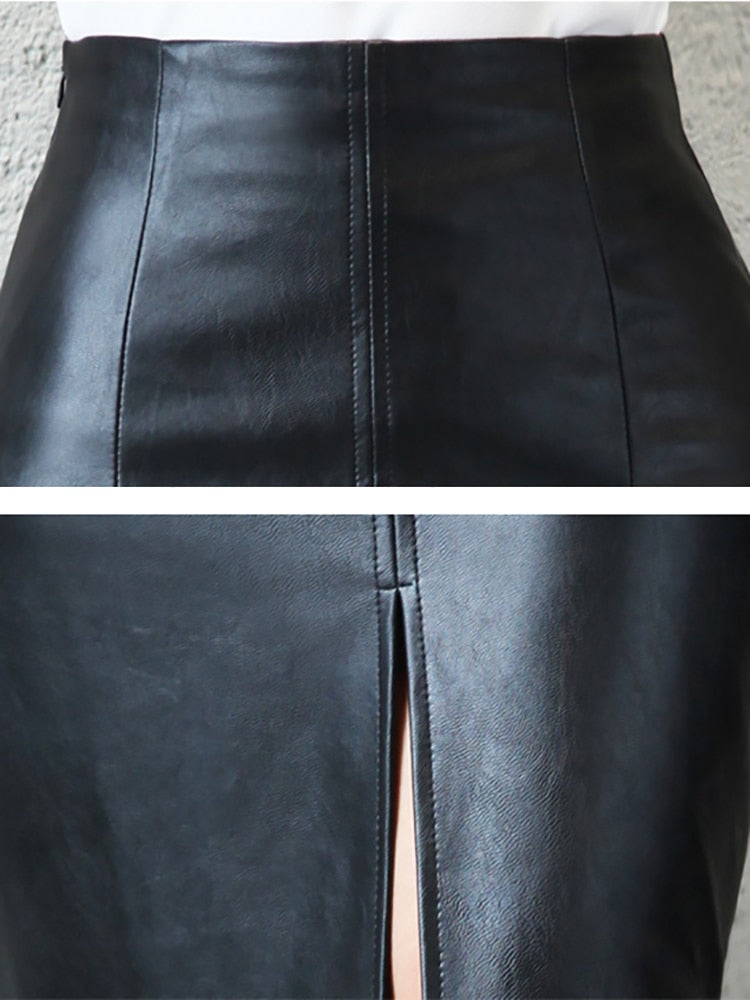 Damen Bleistift Leder Rock, 2023 Neue Midi Sexy Hohe Taille