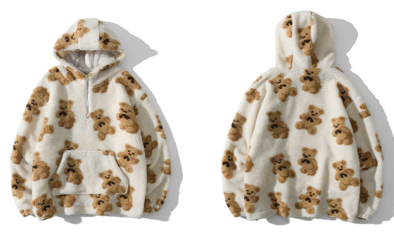 Fleece Fuzzy Kapuzen-Sweatshirt Streetwear, Hip Hop Bear Print Halber Reißverschluss Flauschige Pullover
