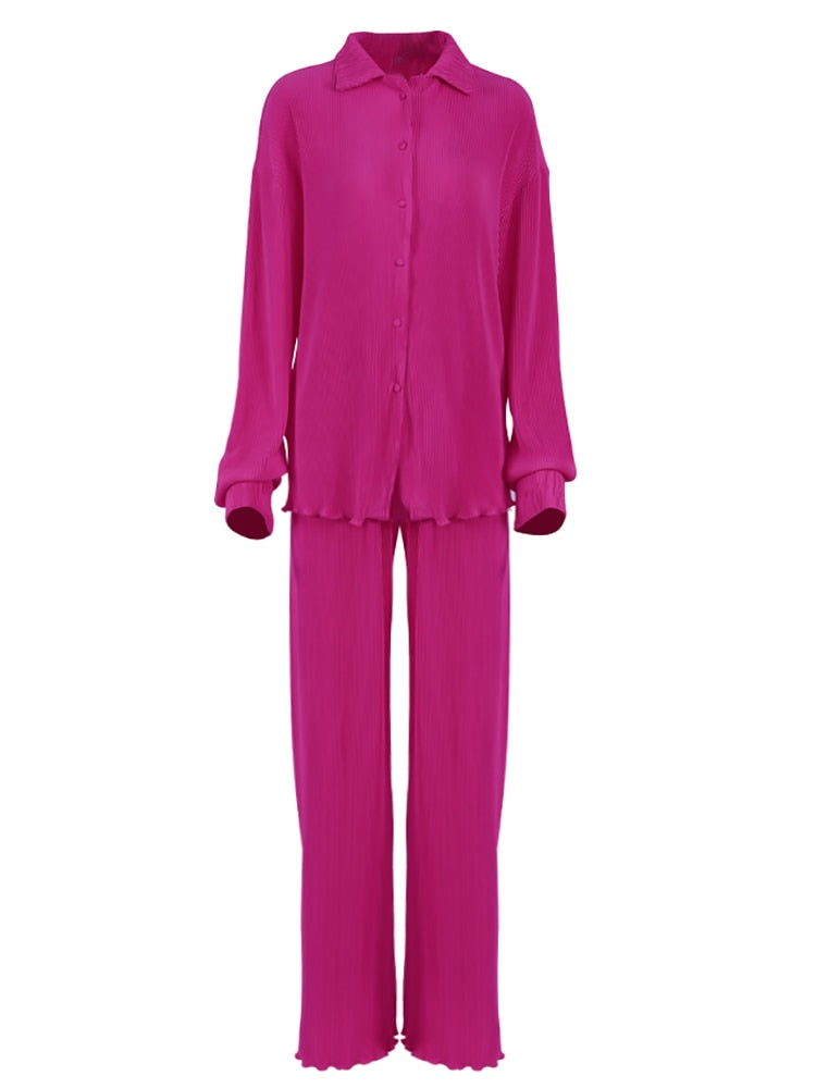 2-teilige Damen-Hosen mit weitem Bein, Anzug und drapiertes Hemd