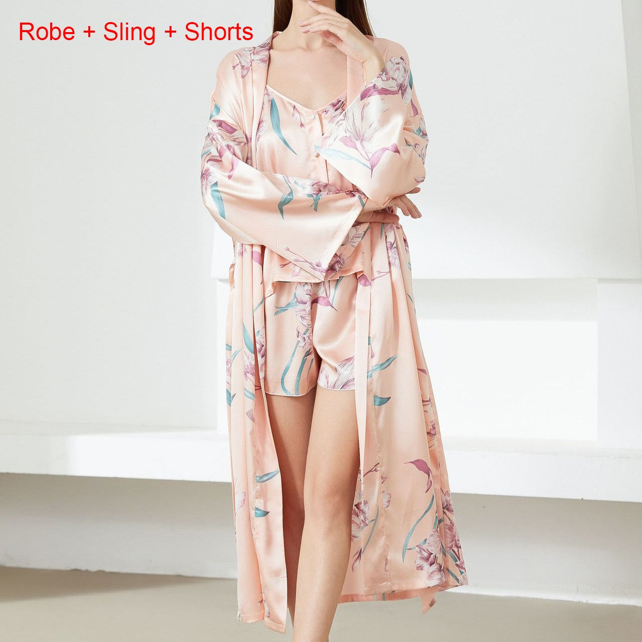 Sexy Damen Satin Kimono Kleid, Robe Anzug Nachtwäsche