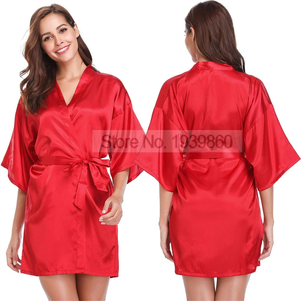 Silky Satin Women Robe Solid Color Kimono Bathrobes Home Dressing Gown Short Nightgown Summer V-Neck Sleepwear Lingerie