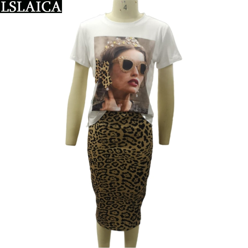Zwei Teile Set für Damen O-Neck T Shirt& Rock Set, Fashion Leopard Print Office Frauen Set
