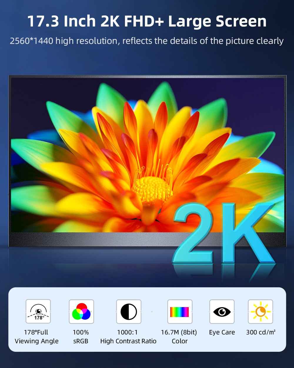 Tragbarer 2K-Monitor 17,3-Zoll-IPS-Bildschirm mit schmaler Lünette USB C /HDMI, Externes großes Gaming-Display für Laptop-PC-Mac-Telefon