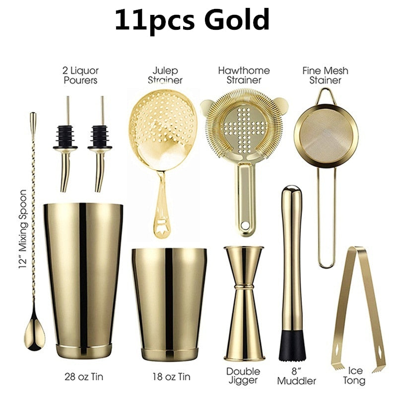 Cocktail Shaker Bar Set: 2 gewichtete Boston Shaker, Cocktail-Sieb, Jigger, Muddler und Löffel, Eiszange und 6 Flaschenausgießer