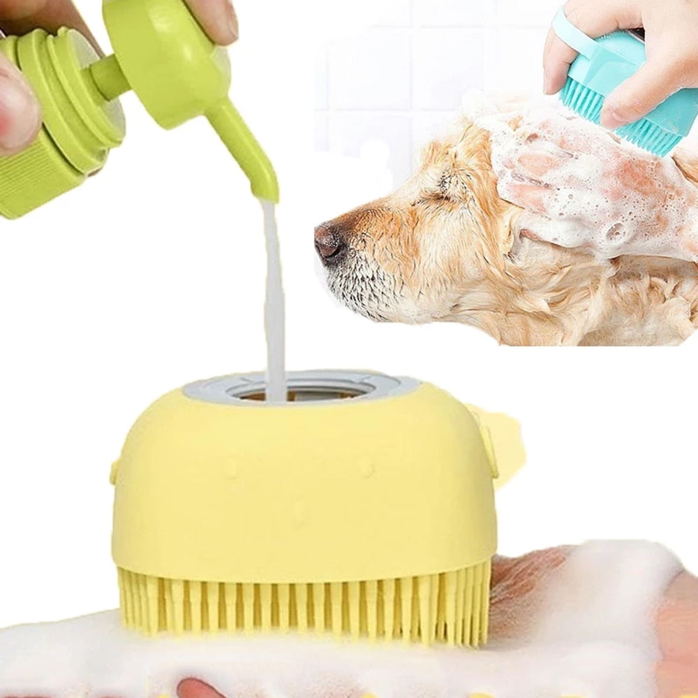 Badezimmer-Badebürste für Hunde, Massagehandschuhe, weicher Sicherheits-Silikonkamm mit Shampoo-Box, Haustierbürste