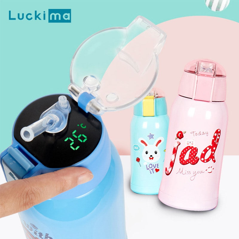 500 ml Cartoon Smart Temperaturanzeige, Thermosbecher Tragbare Pressstroh Stil Wasserflasche, Hält 24 Stunden warm und kalt für Babys