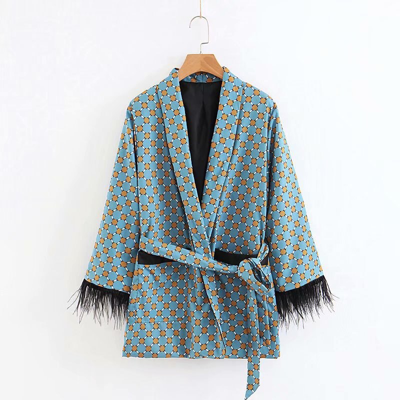 Damenanzüge, LOOSE Blau bedruckte Kimonojacke mit Federärmeln
