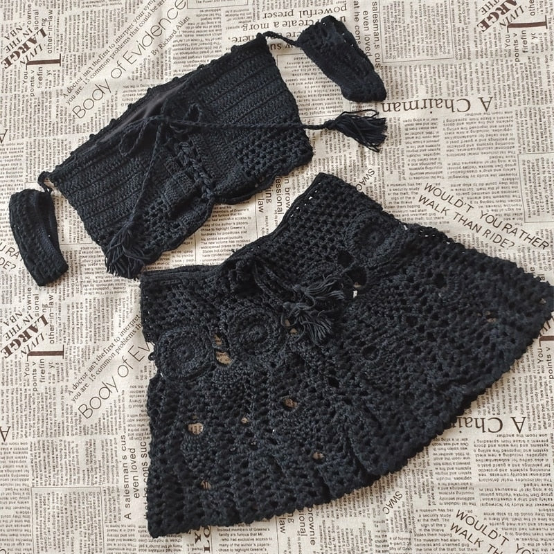 Handgestricktes Sommer Strandkleid-Set, zweiteiliges Set mit aushöhlen Crop Top Minirock