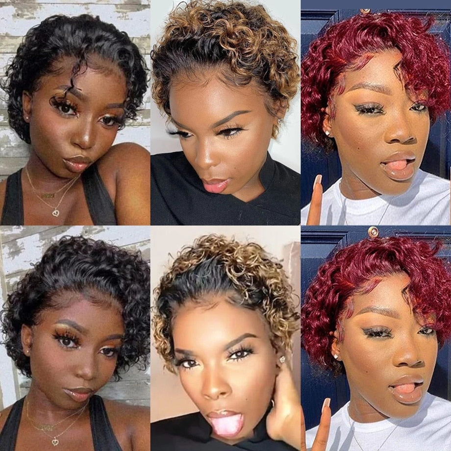 Pixie Cut Perücke 99J Burgunder Wasser Tiefe Welle Spitze Perücke Afro Lockig, Kurzer Bob Echthaar Perücken Natürliche Farbe
