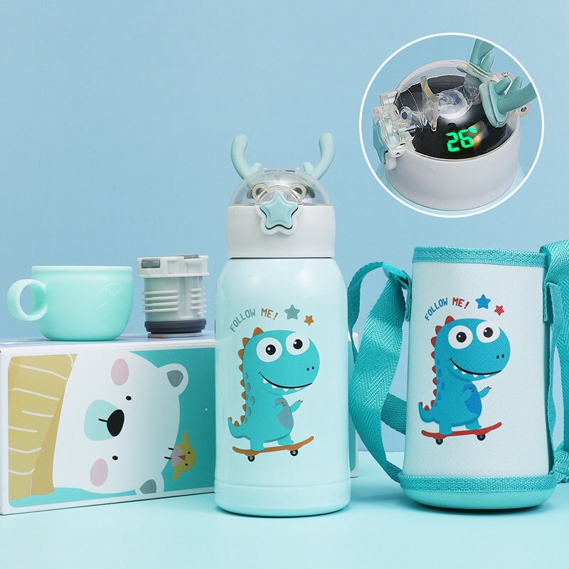 500 ml Cartoon Smart Temperaturanzeige, Thermosbecher Tragbare Pressstroh Stil Wasserflasche, Hält 24 Stunden warm und kalt für Babys