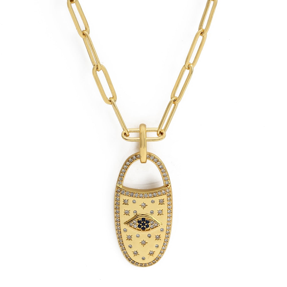 Lucky Eye Eulenherz Fatima Handpantoffeln Türkischer Böser Blick Anhänger Halskette Kupfer Goldfarbe, Langkettige Halskette für Frauen BE132