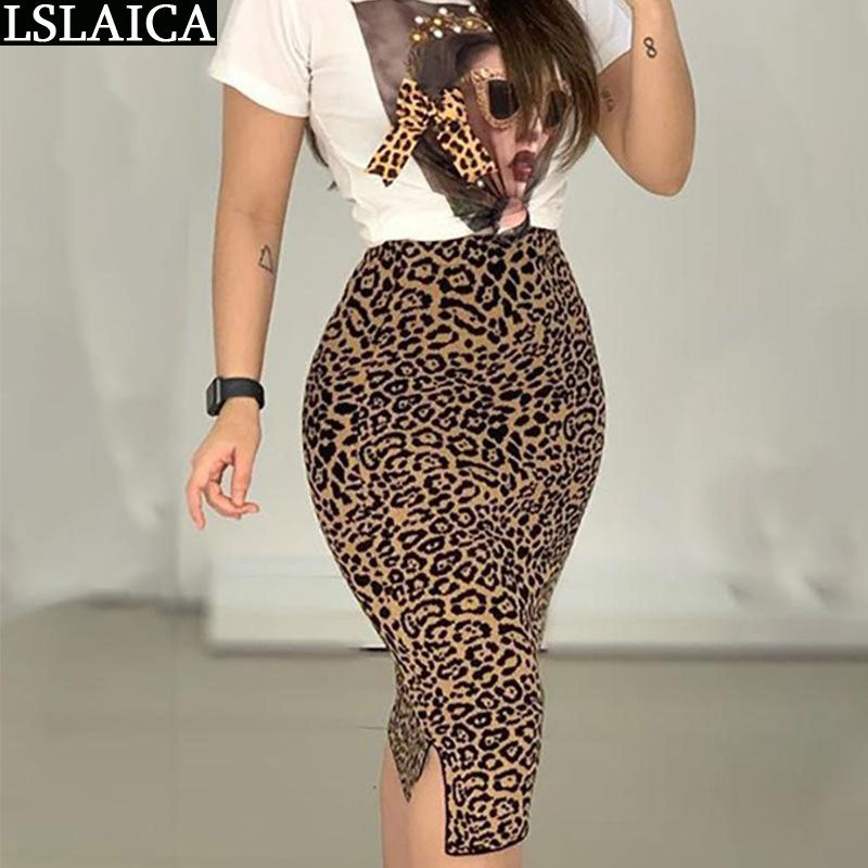 Zwei Teile Set für Damen O-Neck T Shirt& Rock Set, Fashion Leopard Print Office Frauen Set