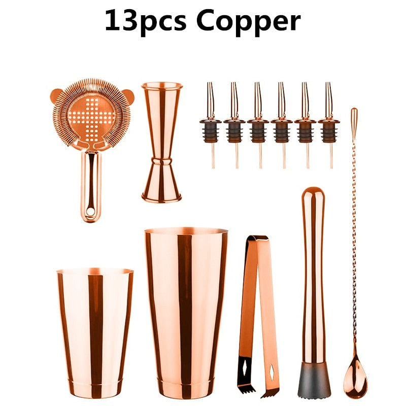 Cocktail Shaker Bar Set: 2 gewichtete Boston Shaker, Cocktail-Sieb, Jigger, Muddler und Löffel, Eiszange und 6 Flaschenausgießer