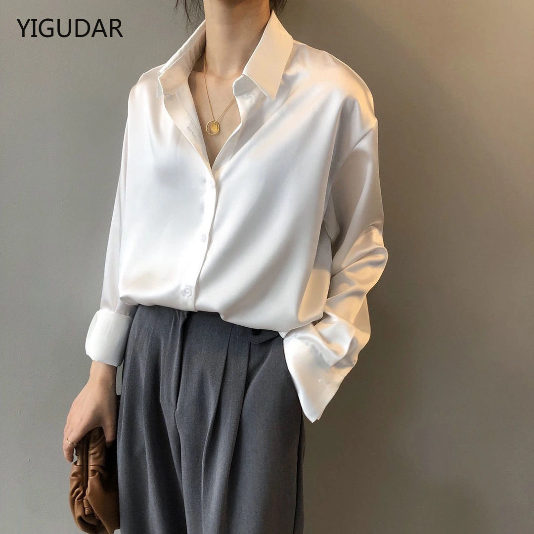 Herbst Seidenhemd Vintage Bluse für Damen, Lange Ärmel Weibliche Lose Hemden