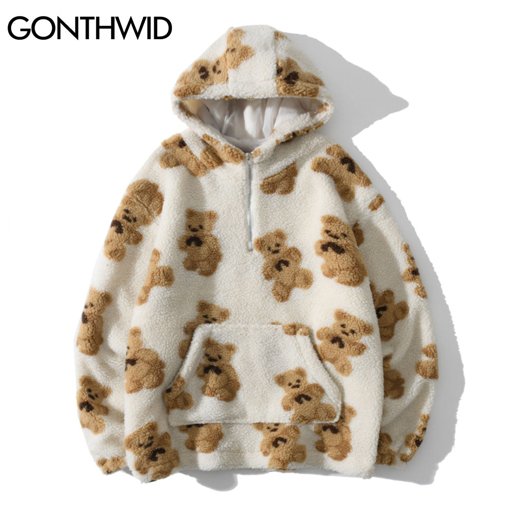 Fleece Fuzzy Kapuzen-Sweatshirt Streetwear, Hip Hop Bear Print Halber Reißverschluss Flauschige Pullover