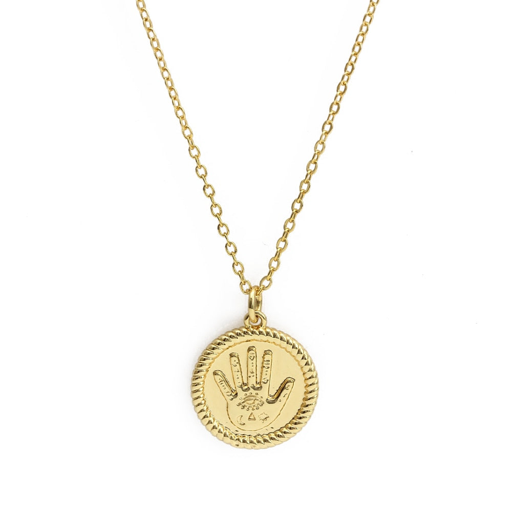 Lucky Eye Eulenherz Fatima Handpantoffeln Türkischer Böser Blick Anhänger Halskette Kupfer Goldfarbe, Langkettige Halskette für Frauen BE132