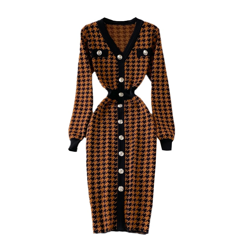 Elegante gestricktes Büro Damenkleid mit V-Ausschnitt