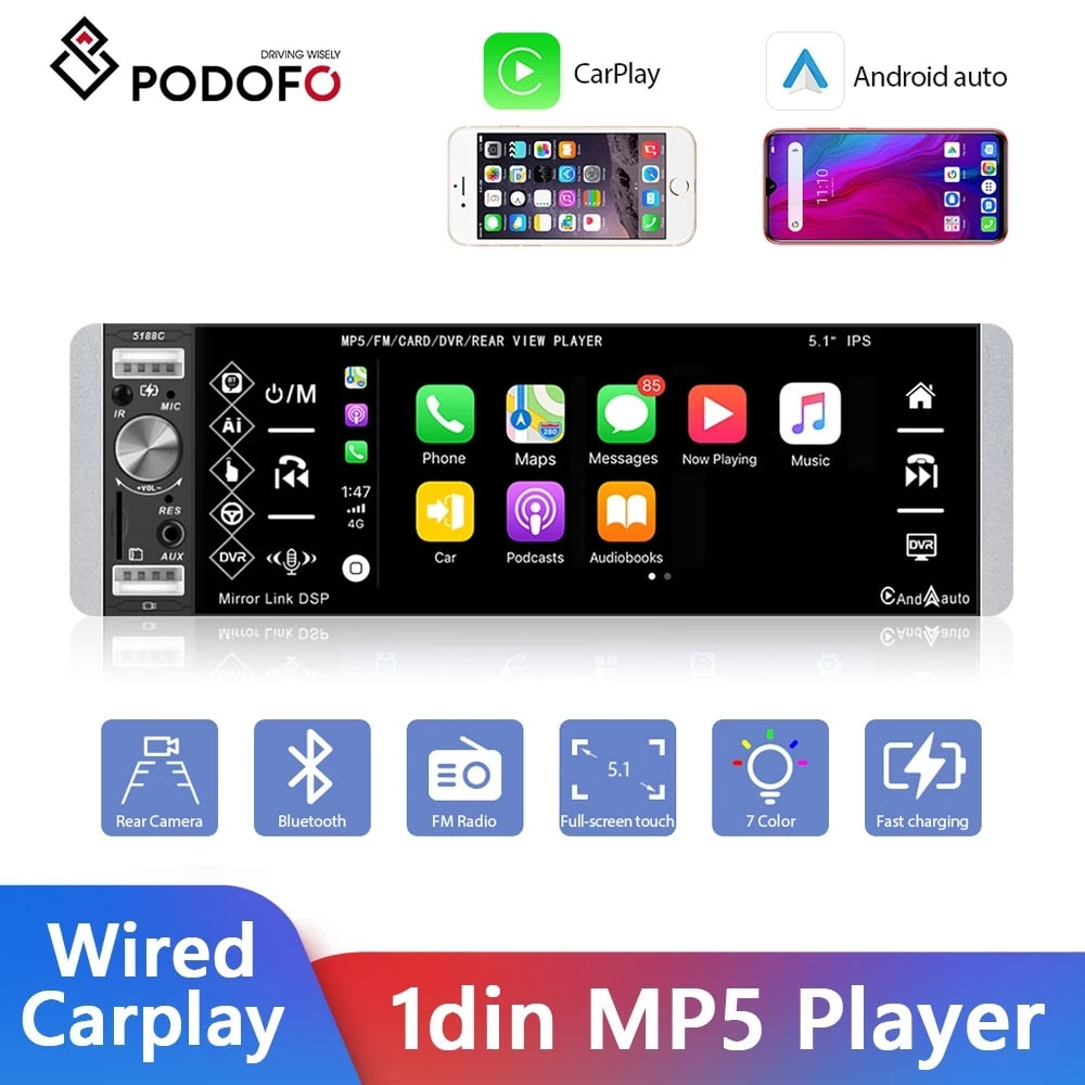 Podofo 1DIN MP5 Player Touch Autoradio FM 4-USB 5,1 Zoll, Unterstützt Android Mirrorlink Bluetooth Carplay Autoradio DVR