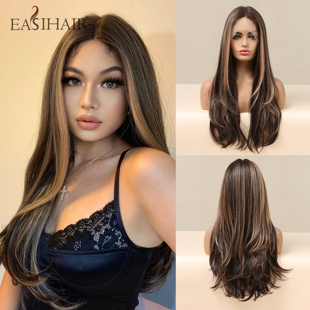 EASIHAIR Gerade Blonde Spitze Front Synthetische Perücken mit Baby Haar, Lange Frauen Spitze Perücken Hitzebeständig