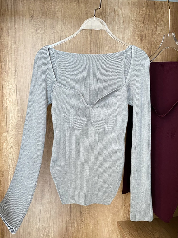 Frauen Quadratischer Kragen Langarm Pullover, gestrickter Pullover Frühling / Sommer