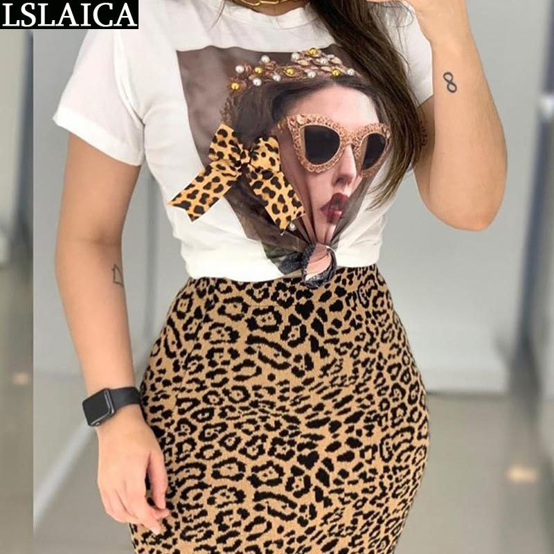 Zwei Teile Set für Damen O-Neck T Shirt& Rock Set, Fashion Leopard Print Office Frauen Set