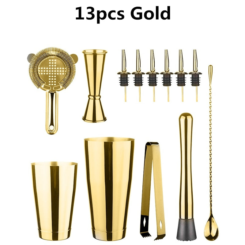 Cocktail Shaker Bar Set: 2 gewichtete Boston Shaker, Cocktail-Sieb, Jigger, Muddler und Löffel, Eiszange und 6 Flaschenausgießer