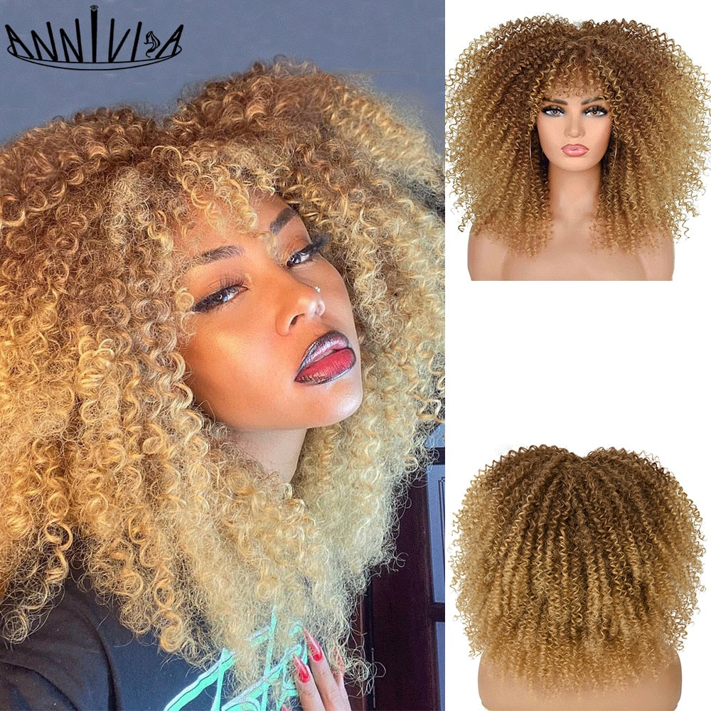 Kurzes Haar Afro Kinky Curly Perücken mit Pony für schwarze Frauen, afrikanische synthetische Lolita Perücken