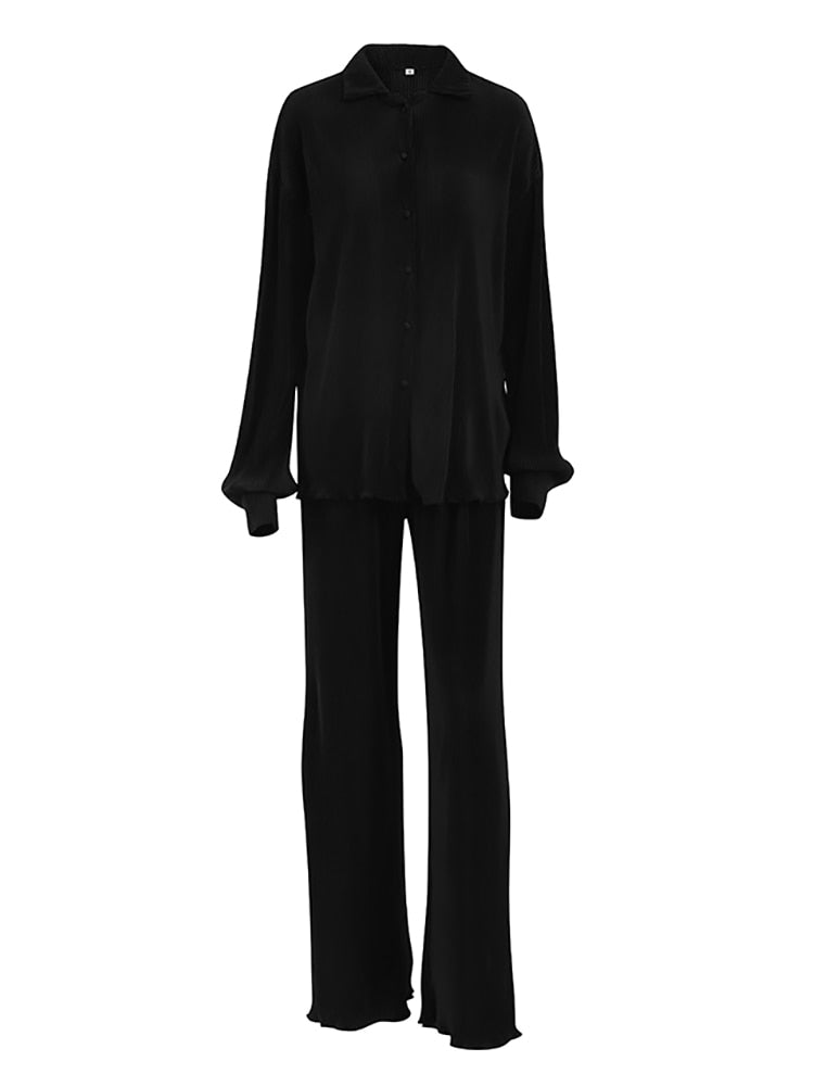 2-teilige Damen-Hosen mit weitem Bein, Anzug und drapiertes Hemd