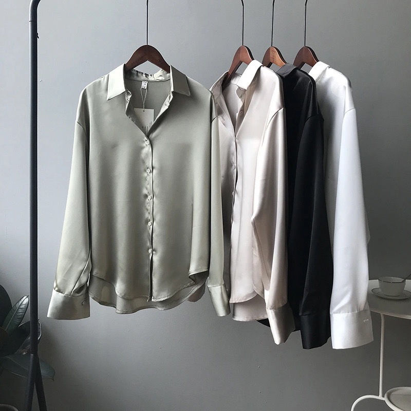 Herbst Seidenhemd Vintage Bluse für Damen, Lange Ärmel Weibliche Lose Hemden