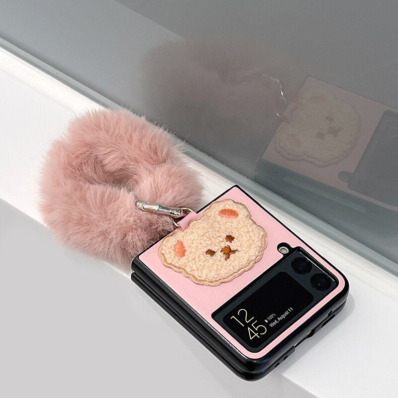 Plüsch Pink Bear passend für Samsung Galaxy zflip3 Handyhülle, Herbst- und Winterhand zflip Ring Handyhüllen