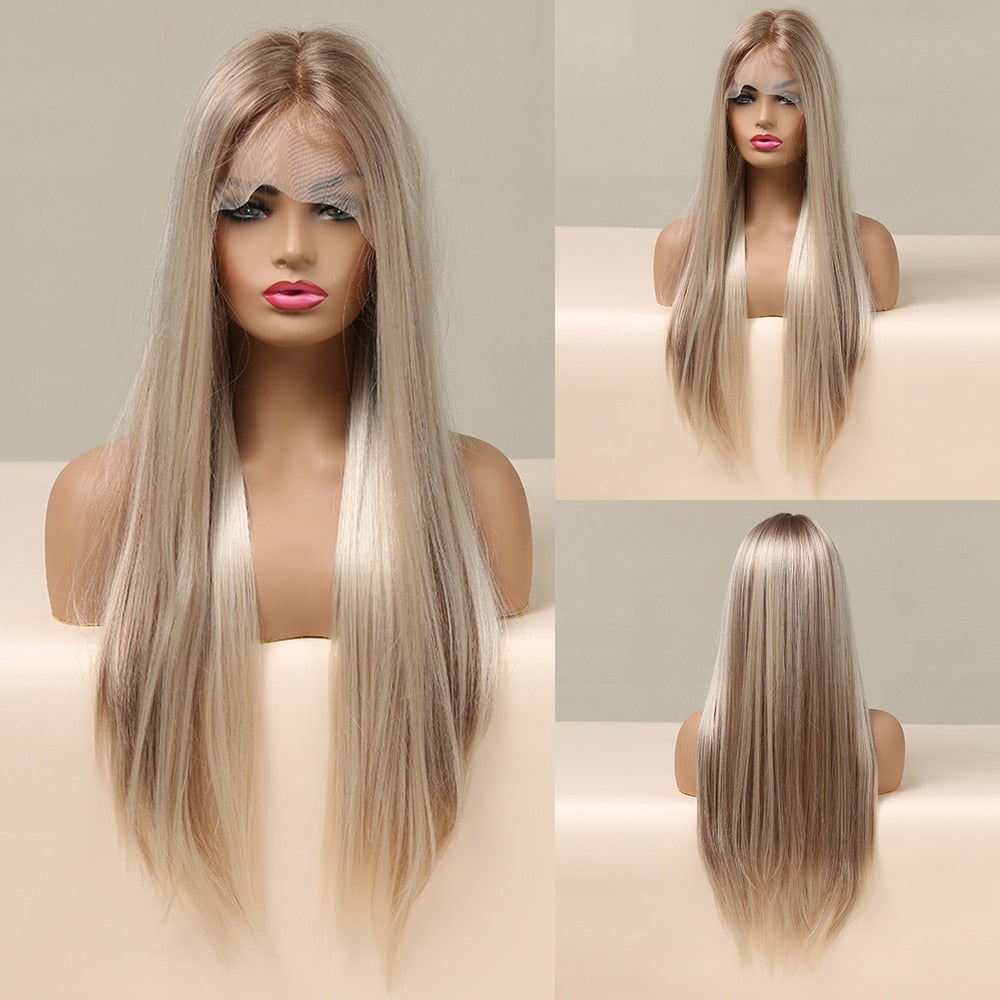 EASIHAIR Gerade Blonde Spitze Front Synthetische Perücken mit Baby Haar, Lange Frauen Spitze Perücken Hitzebeständig