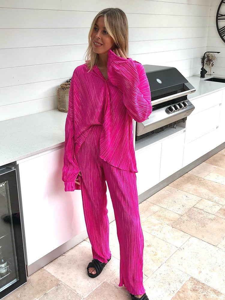 2-teilige Damen-Hosen mit weitem Bein, Anzug und drapiertes Hemd
