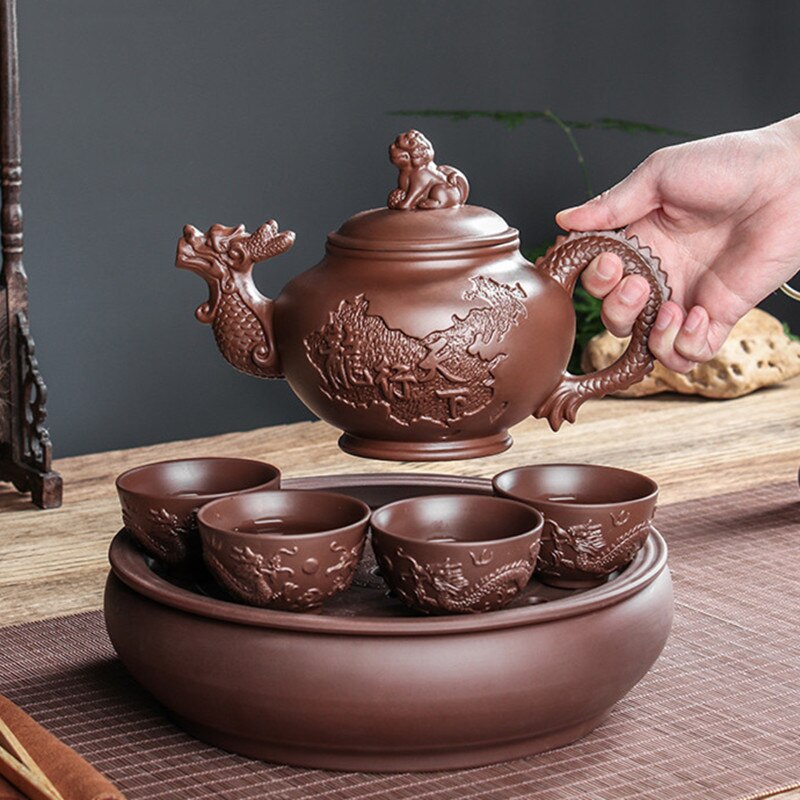 Große Kapazität handgefertigte Teekannen Yixing Lila Ton, Exquisite, handgefertigte, berühmte, chinesische Yixing-Teekanne und Tassen-Set