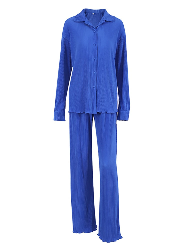 2-teilige Damen-Hosen mit weitem Bein, Anzug und drapiertes Hemd