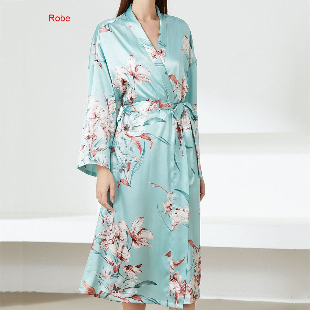 Sexy Damen Satin Kimono Kleid, Robe Anzug Nachtwäsche