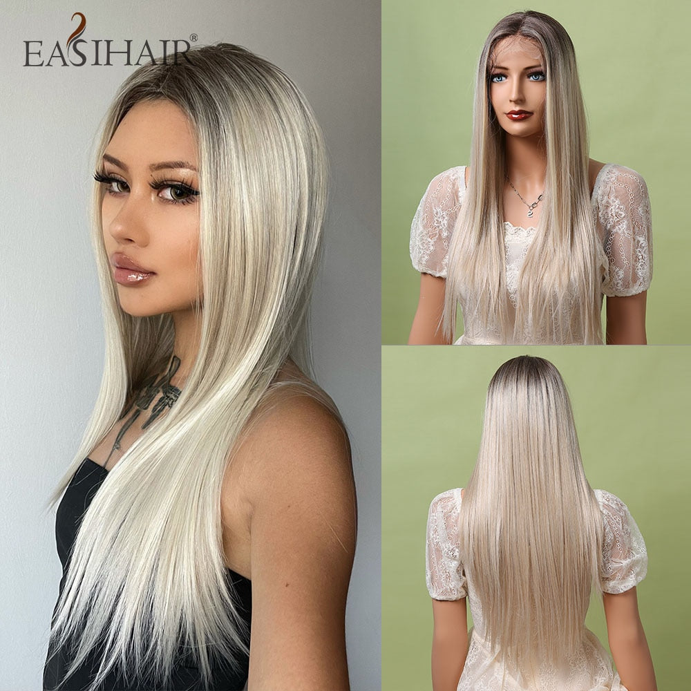 EASIHAIR Gerade Blonde Spitze Front Synthetische Perücken mit Baby Haar, Lange Frauen Spitze Perücken Hitzebeständig