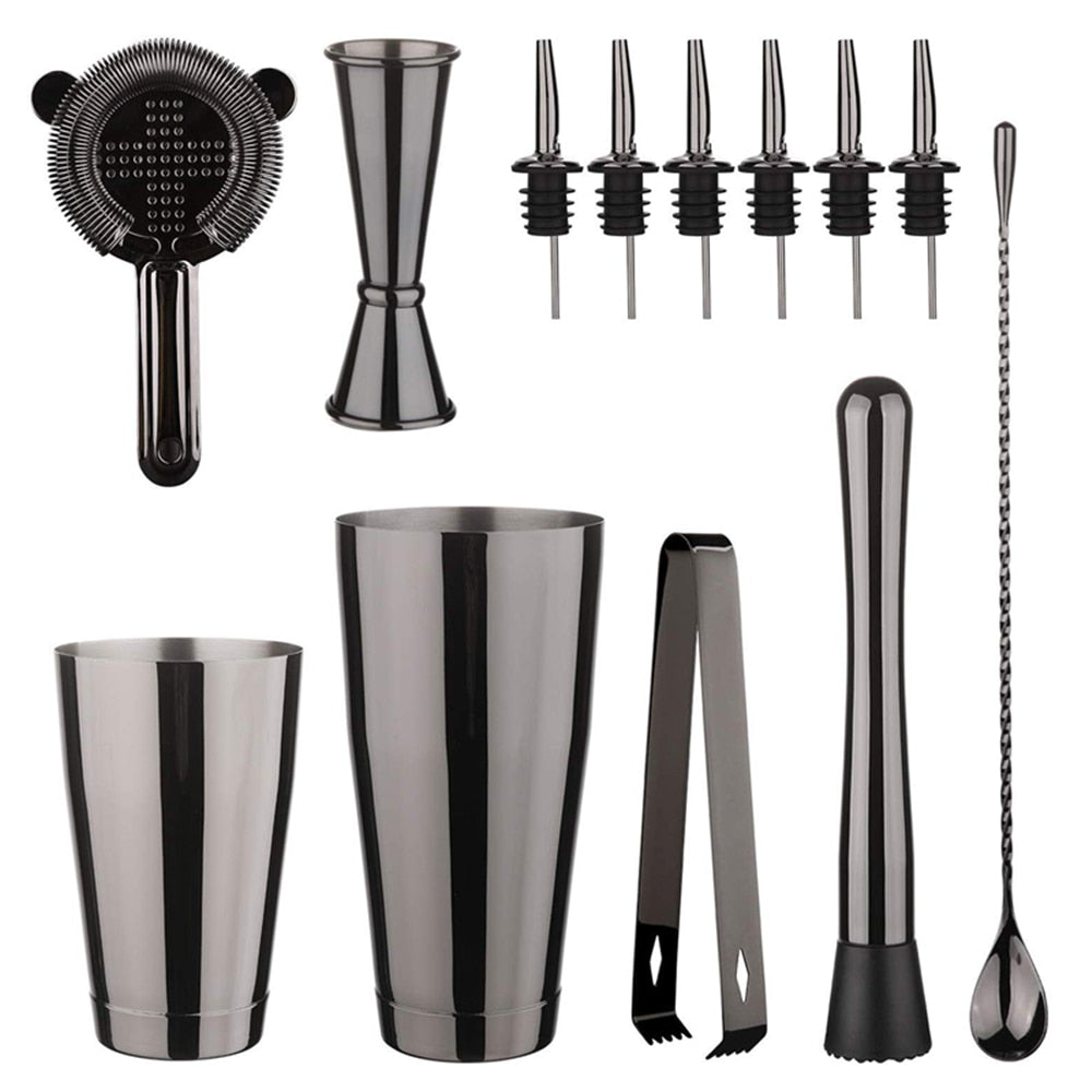 Cocktail Shaker Bar Set: 2 gewichtete Boston Shaker, Cocktail-Sieb, Jigger, Muddler und Löffel, Eiszange und 6 Flaschenausgießer