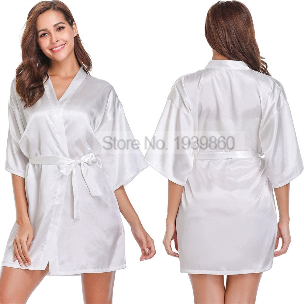 Silky Satin Women Robe Solid Color Kimono Bathrobes Home Dressing Gown Short Nightgown Summer V-Neck Sleepwear Lingerie
