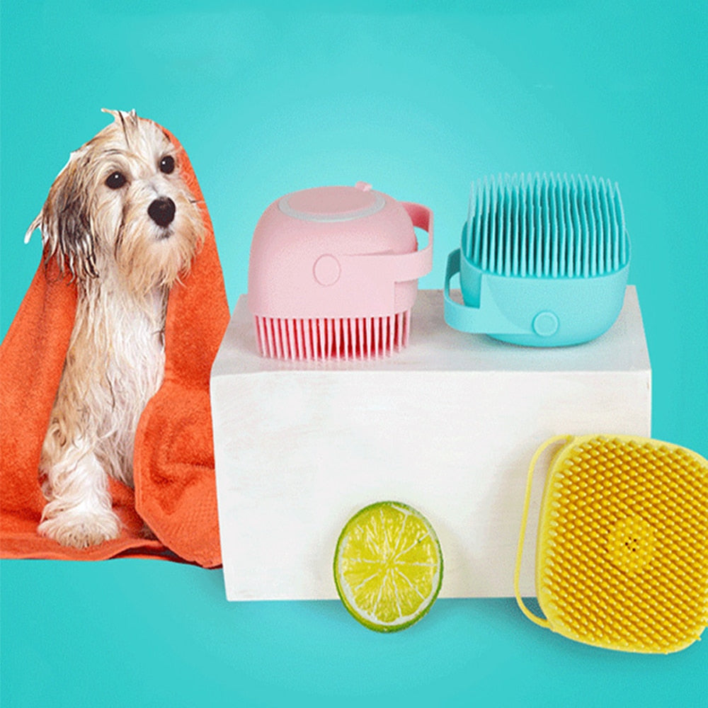 Badezimmer-Badebürste für Hunde, Massagehandschuhe, weicher Sicherheits-Silikonkamm mit Shampoo-Box, Haustierbürste