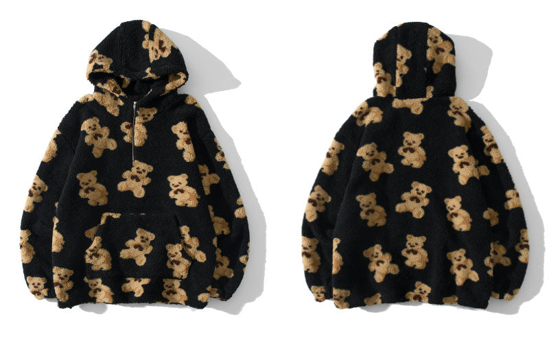 Fleece Fuzzy Kapuzen-Sweatshirt Streetwear, Hip Hop Bear Print Halber Reißverschluss Flauschige Pullover
