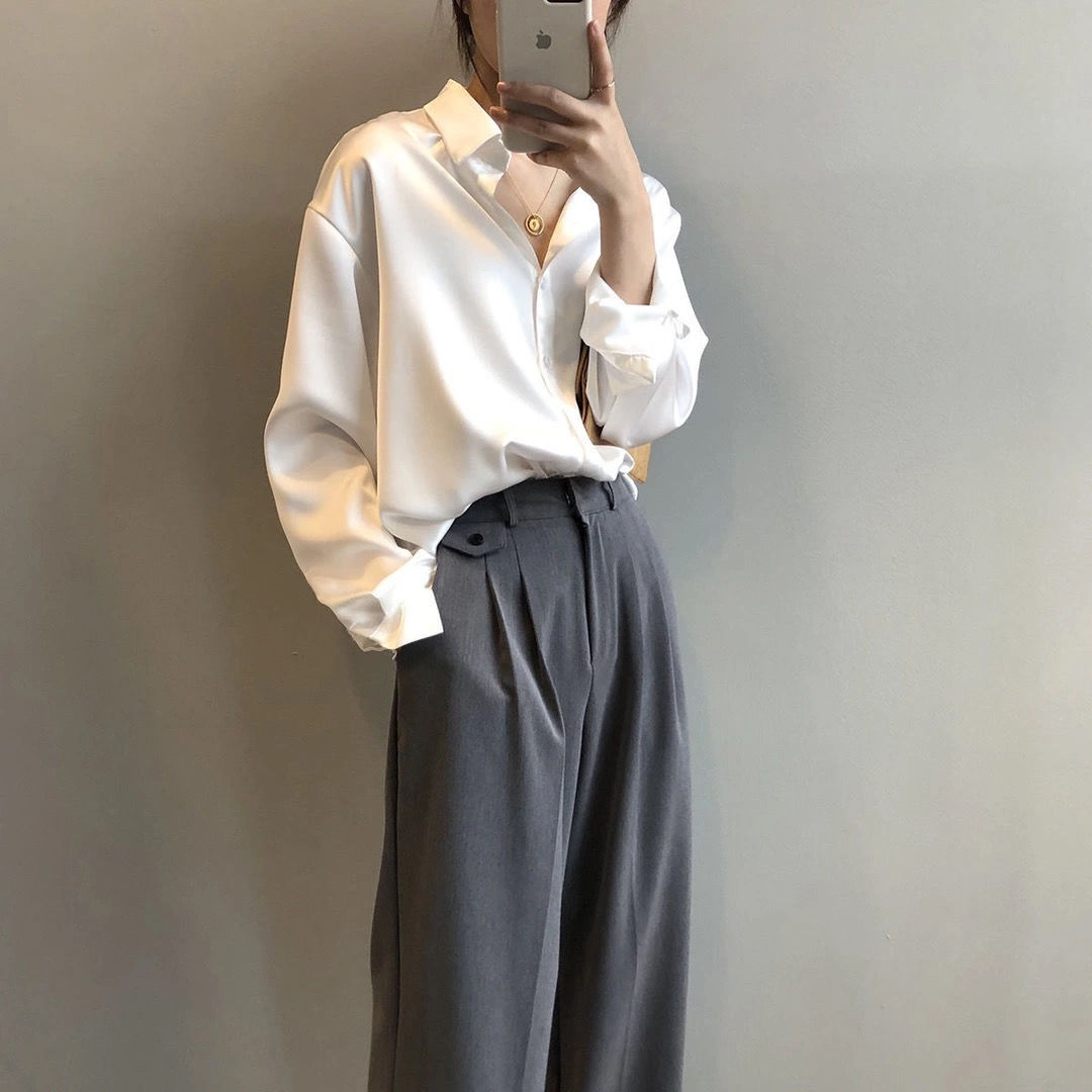 Herbst Seidenhemd Vintage Bluse für Damen, Lange Ärmel Weibliche Lose Hemden