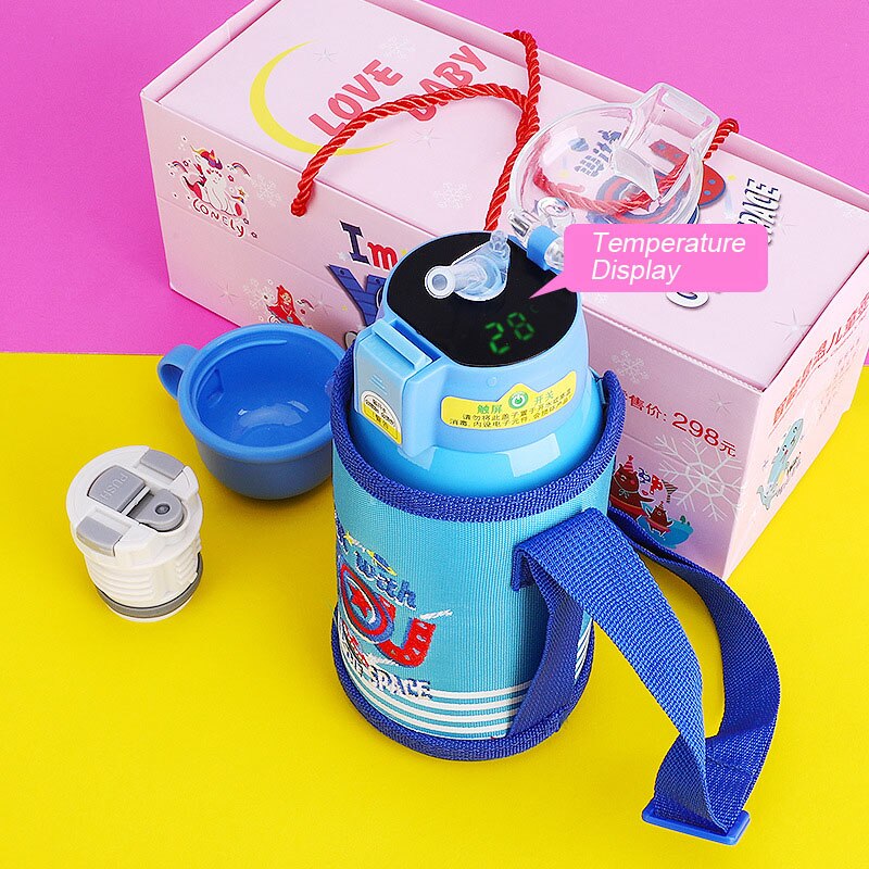 500 ml Cartoon Smart Temperaturanzeige, Thermosbecher Tragbare Pressstroh Stil Wasserflasche, Hält 24 Stunden warm und kalt für Babys