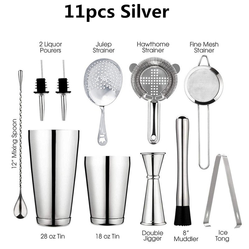 Cocktail Shaker Bar Set: 2 gewichtete Boston Shaker, Cocktail-Sieb, Jigger, Muddler und Löffel, Eiszange und 6 Flaschenausgießer